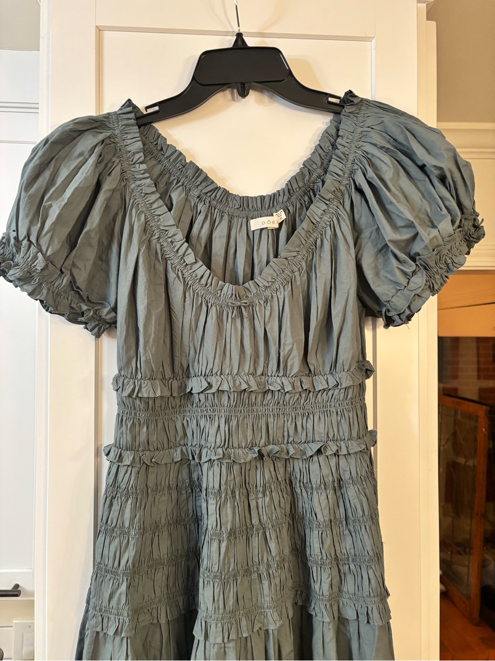 new Doen Leanne Smock Waist Tiered Organic Cotton Dress in Lagoon sea blue green - Picture 7 of 9